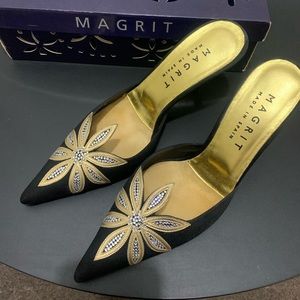 Rhinestones black satin mules